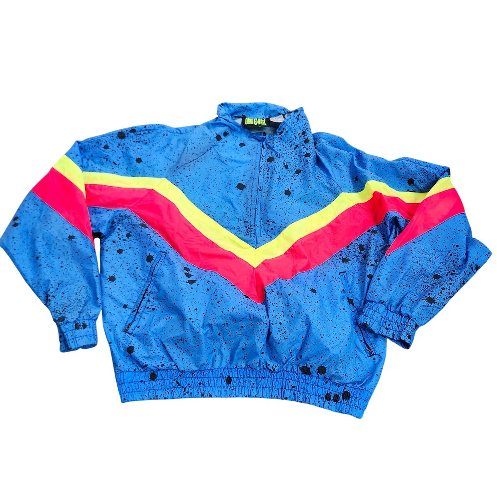 Vintage 90s Dureno Neon Windbreaker Pullover Jacket Blue Pink Yellow Splatter